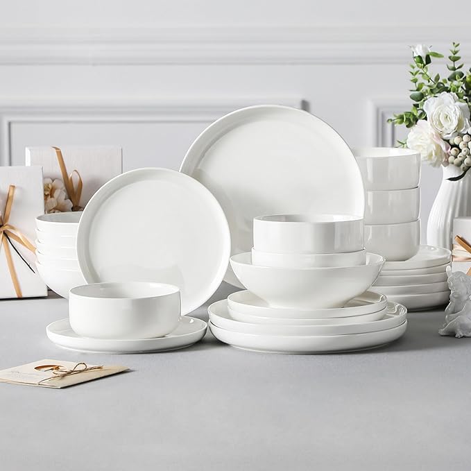 MALACASA Plates and Bowls Sets, 24 Pieces Modern Porcelain Dinnerware Set for 6 Ceramic Dishware Dishes White Kitchen Dinner Dining Ware Set Microwave and Dishwasher Safe, Series LUNA