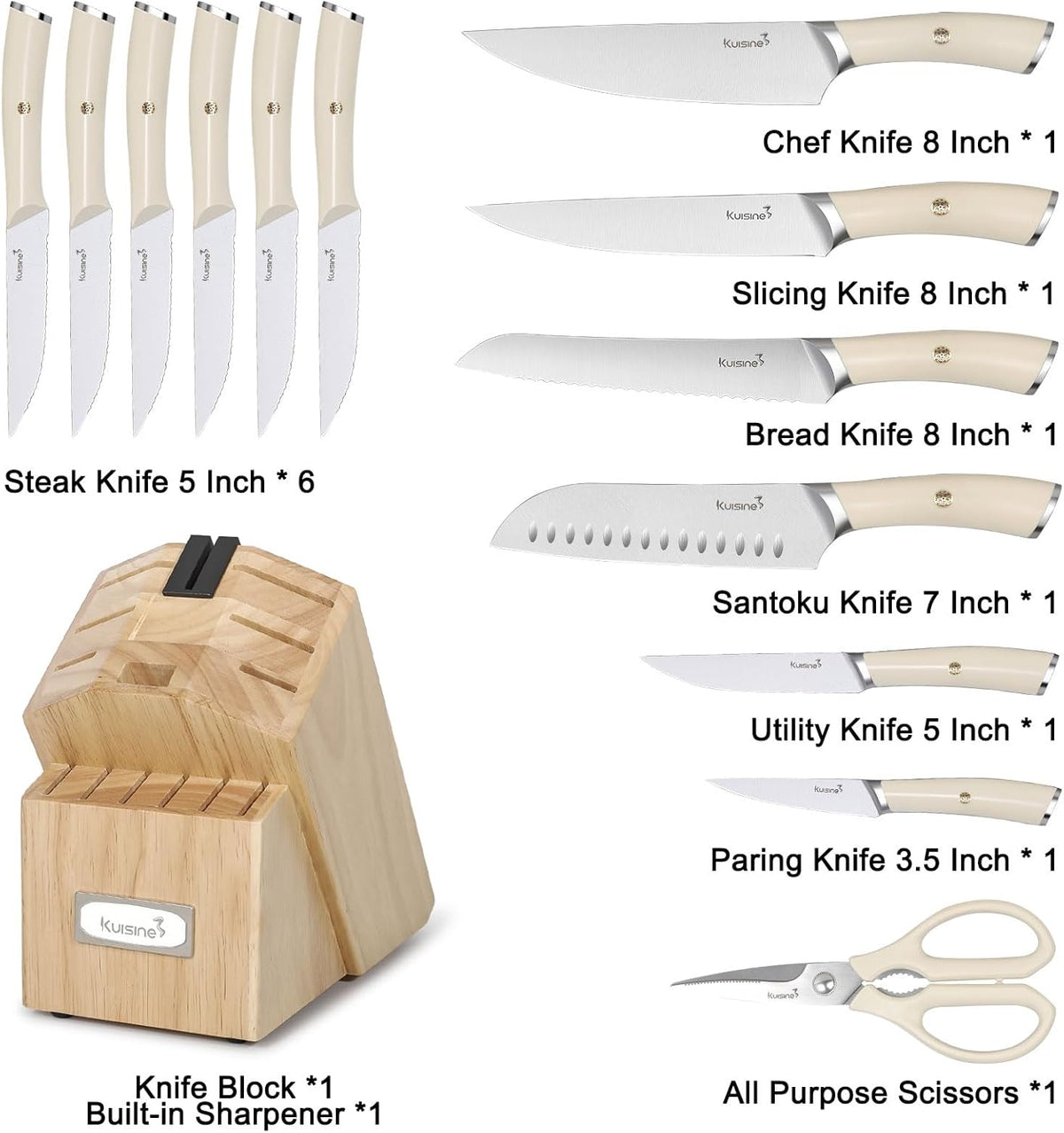Kuisine Chef Knife Set,High Carbon Stainless Steel Block Knife Set,Knife Block Set with Built-in Sharpener,Sharp Knife Set Forged,Elegant Gift(Ivory,15pcs）
