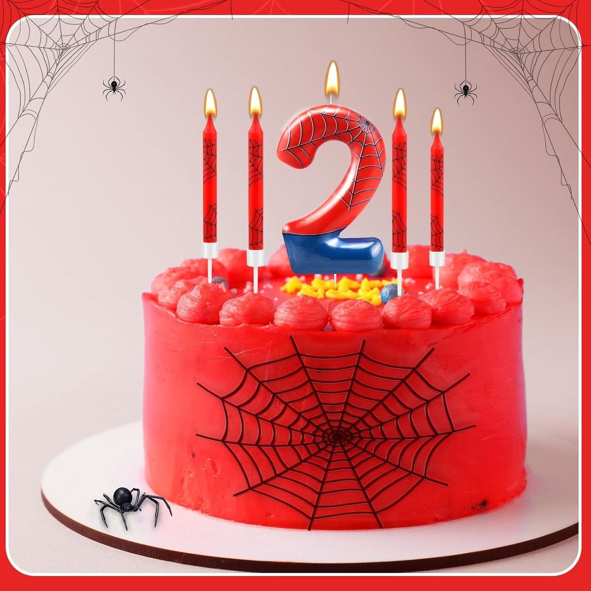 13 Pcs Spider Themed Birthday Candle Set Red Spider Theme Number 2 Candle Cake Topper for Boys Girls Birthday Decoration Spider Party Decoration Supplies (Number 2)