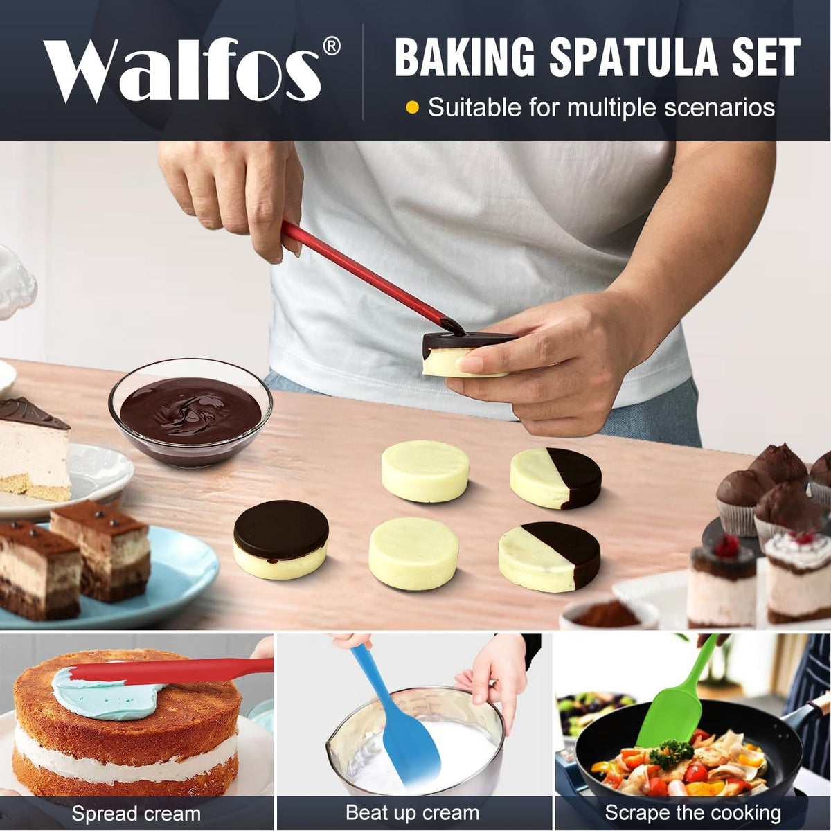 Walfos Silicone Spatula -600°F Heat Resistant Kitchen Scraper Spatulas, Strong Steel Core and One-Pieces Design, for Cooking Mixing Baking - BPA Free and Dishwasher Safe, Multicolor set of 5