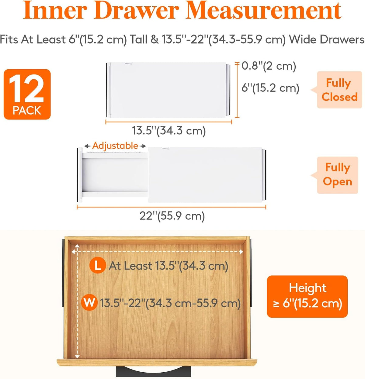 Lifewit 12 Pack Drawer Dividers Plastic 6" High, 13.5-22" Adjustable Drawer Organizers for Clothes, Expandable Dresser Separators in Bedroom/Bathroom/Kitchen/Fridge/Office Organization and Storage