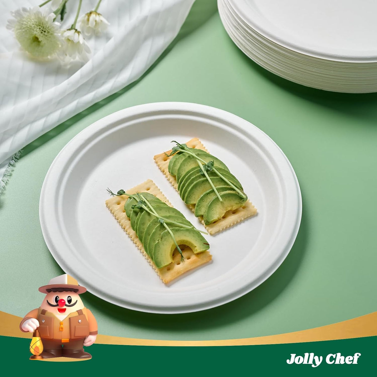 JOLLY CHEF Compostable Heavy Duty Plates 𝟭𝟬 𝗜𝗻𝗰𝗵 [𝟭𝟮𝟱 𝗣𝗮𝗰𝗸] Eco-Friendly Disposable White Paper Plates Made of Bagasse Biodegradable Bulk for Party Dinner Sugarcane Fibers Round 125 Count