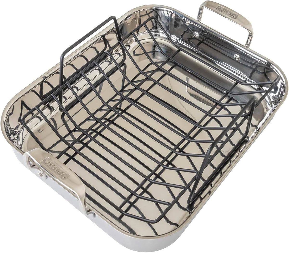 Viking 3-Ply Stainless Steel Roasting Pan with Non Stick Rack, 16 x 13 Inch Kitchen Cookware, Great for Turkey, Includes Probe Thermometer, Dishwasher and Oven Safe, Induction Ready, Silver