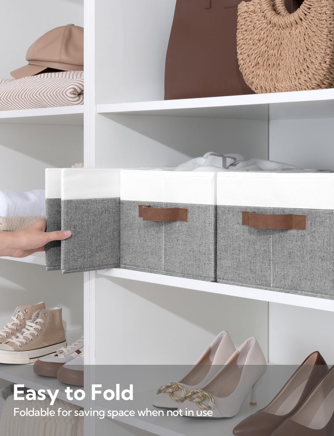 StorageWorks Storage Baskets for Shelves, Foldable Fabric Closet Storage Bins with Handles, Fabric Storage Bins Clothes Organizer, Gray and White, 3-Pack, Large