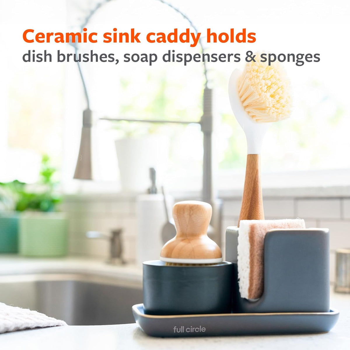 Full Circle Stash, Ceramic Kitchen Sink Caddy, Stylish Modular Sponge Holder & Dish Brush Organizer, Gray and White, 11"