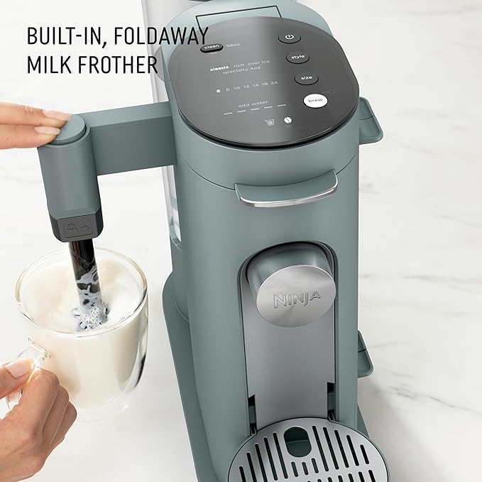Ninja Pods & Grounds Specialty Single-Serve Coffee Maker, K-Cup Pod Compatible, Built-In Milk Frother, 6-oz. Cup to 24-oz. Travel Mug Sizes, Iced Coffee Maker, 1550 watts, Sage Green, PB051SG