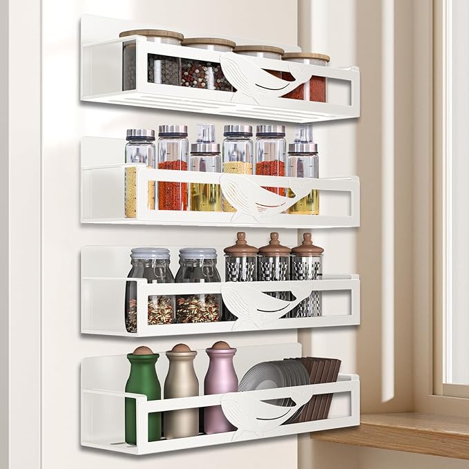 Magnetic Spice Rack for Refrigerator, 4-Pack Metal Seasoning Organizer for Kitchen Storage Organization, Space Saving Magnetic Shelf for Fridge, Pantry, Laundry Room, White