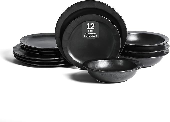 Stone Lain Oasis 12-Piece Dinnerware Set Stoneware, Dishwasher and Microwave Safe Plates and Bowls Set, Dish Set for 4, Black