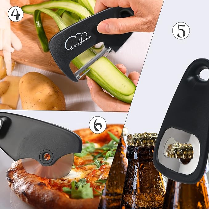 Kitchen Gadgets Set 6 Piece, Space Saving Kitchen Utensils Stainless Steel Accessories Cheese Grater, Bottle Opener, Pizza Cutter, Vegetable Peeler, Paring Knife, Garlic Grinder, Burlap Bag Gift(BLK)