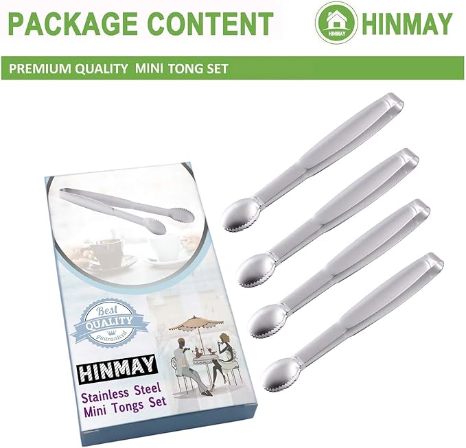 Mini Tongs 5-3/4 Inch Stainless Steel Small Serving Tongs, Tiny Kitchen Tong for Appetizers, Tea Party, Coffee Bar, Desserts, Set of 4