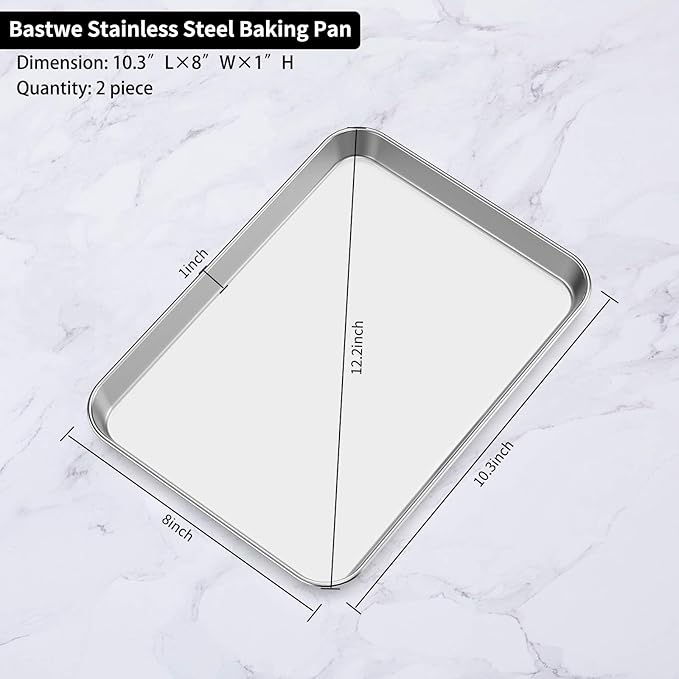 Baking Sheets Set of 2, Bastwe Stainless Steel Baking Pan Tray Cookie Sheet, Size 10 x 8 x 1 inch, Non Toxic & Healthy, Rust Free & Easy Clean