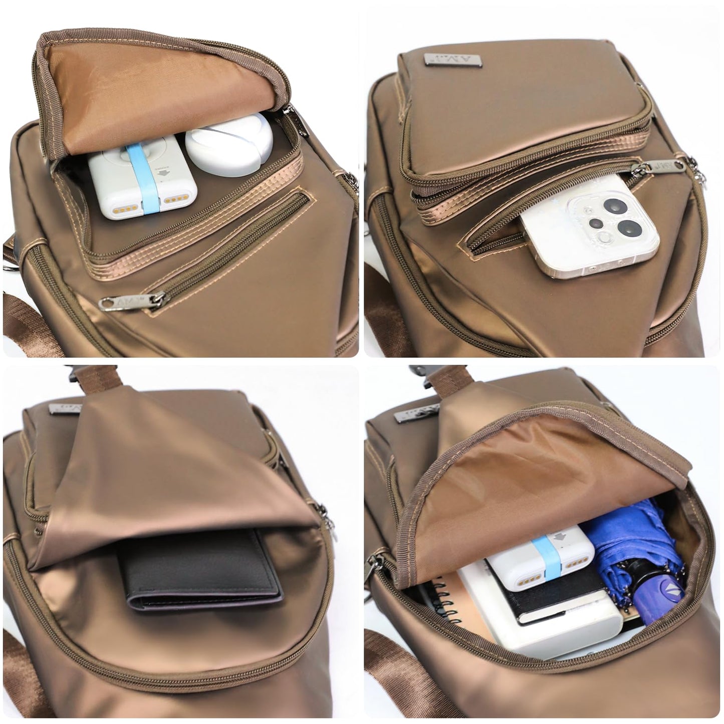 AMJ Crossbody Sling Bag, Upgraded PU Leather with USB Port Casual Shoulder Chest Bag with Logo Zipper Pulls (Leather Brown)