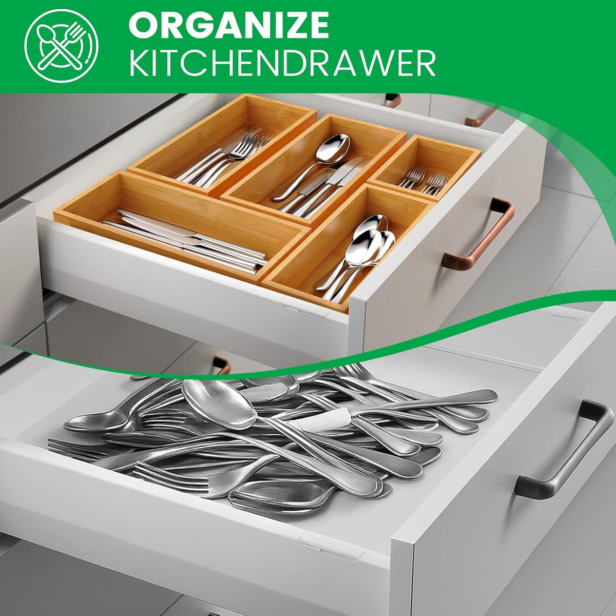 Bamboo Drawer Organizer Set, 5-Piece Storage Trays for Kitchen, Bathroom, Office Desk, Makeup & Junk Drawers,Utensils