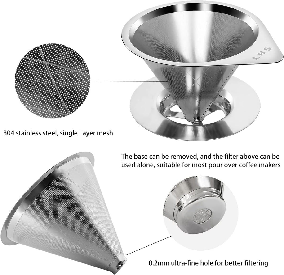 LHS Pour Over Coffee Dripper Reusable Coffee Filter Paperless Coffee Filter Stainless Steel Pour Over Coffee Maker Cone Coffee Dripper for 1-2 Cup,Argyle Pattern