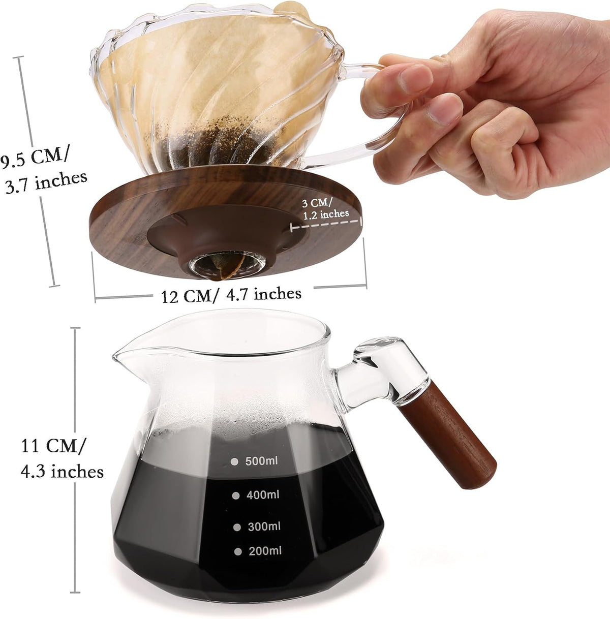 Pour Over Coffee Maker, 20 oz Borosilicate Glass Set with 100 pcs V60 Paper Filter, Coffee Dripper with Walnut Collar, Coffee Pot with Glass Lid, 1-3 Cups, Clear, (600 ml)