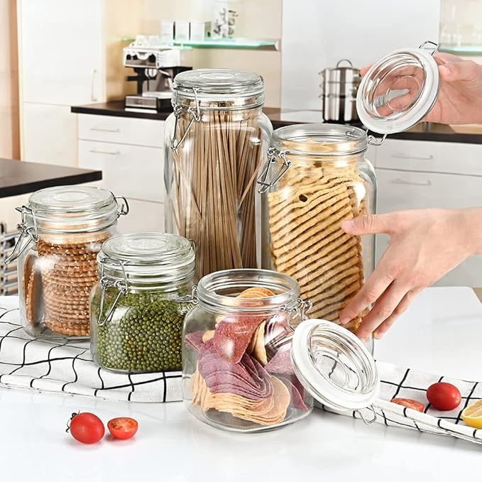 32oz Glass Food Storage Jars with Airtight Clamp Lids,Set of 4 Airtight Glass Canister Square- Clear Storage Container for Kitchen Container Storing Sugar, Flour, Cereal,Coffee,Spice…