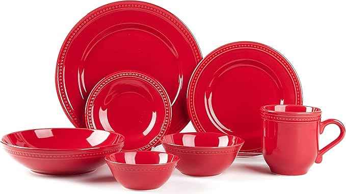 Pearl Dots Stoneware Dinnerware Set (56pc Set, Red)