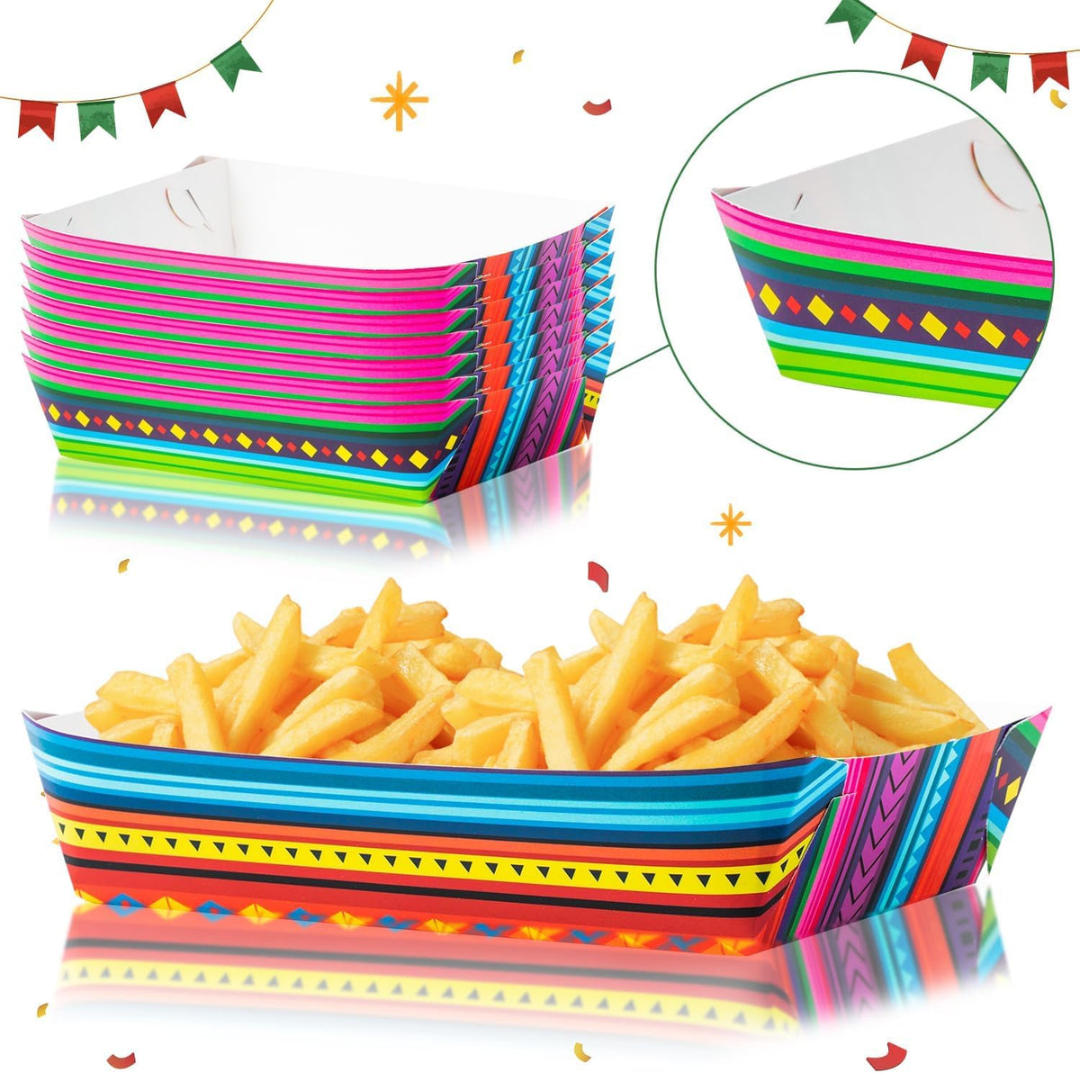 Mexican Taco Nights Food Trays 100Pcs Hispanic Heritage Month Mexican Nacho Popcorn Assembled Trays Snack Candy Holder Disposable Paper Plates Birthday Carnival Party Picnic Food Containers