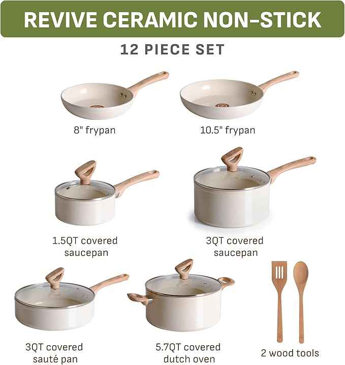 T-Fal Revive Ceramic Nonstick Cookware Set, Oven Safe Up to 350ºF, 12-Piece, Includes Stockpot, Saucepan, Skillet, Frying Pans, Utensils, Ceramic Pots and Pans Set, Beige Granite