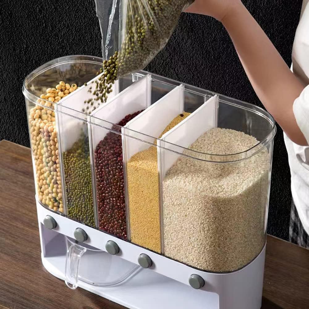 Dry Food Dispenser,Wall mounted 5 Grid Cereal Dispenser,Rice dispenser 25 pounds Kitchen Storage with Measuring Cup