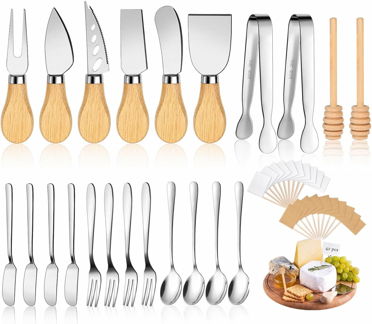42 pcs Charcuterie Boards Accessories Cheese Knife Set with Wooden Handle, Charcuterie Utensils Gift with Butter Spreader, Forks, Spoons, Tongs, Honey Dipper and Tags for Party, Wedding