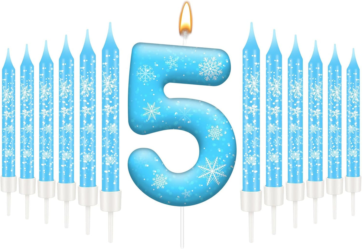 13PCS White and Blue Frozen Themed Party Birthday Candles Set - Blue Number Candles Snowflake Themed Decorations, Girls Party Supplies(Number 5)