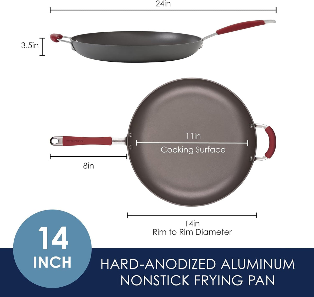 Rachael Ray 87631-T Cucina Hard Anodized Nonstick Skillet with Helper Handle, 14 Inch Frying Pan, Gray/Red