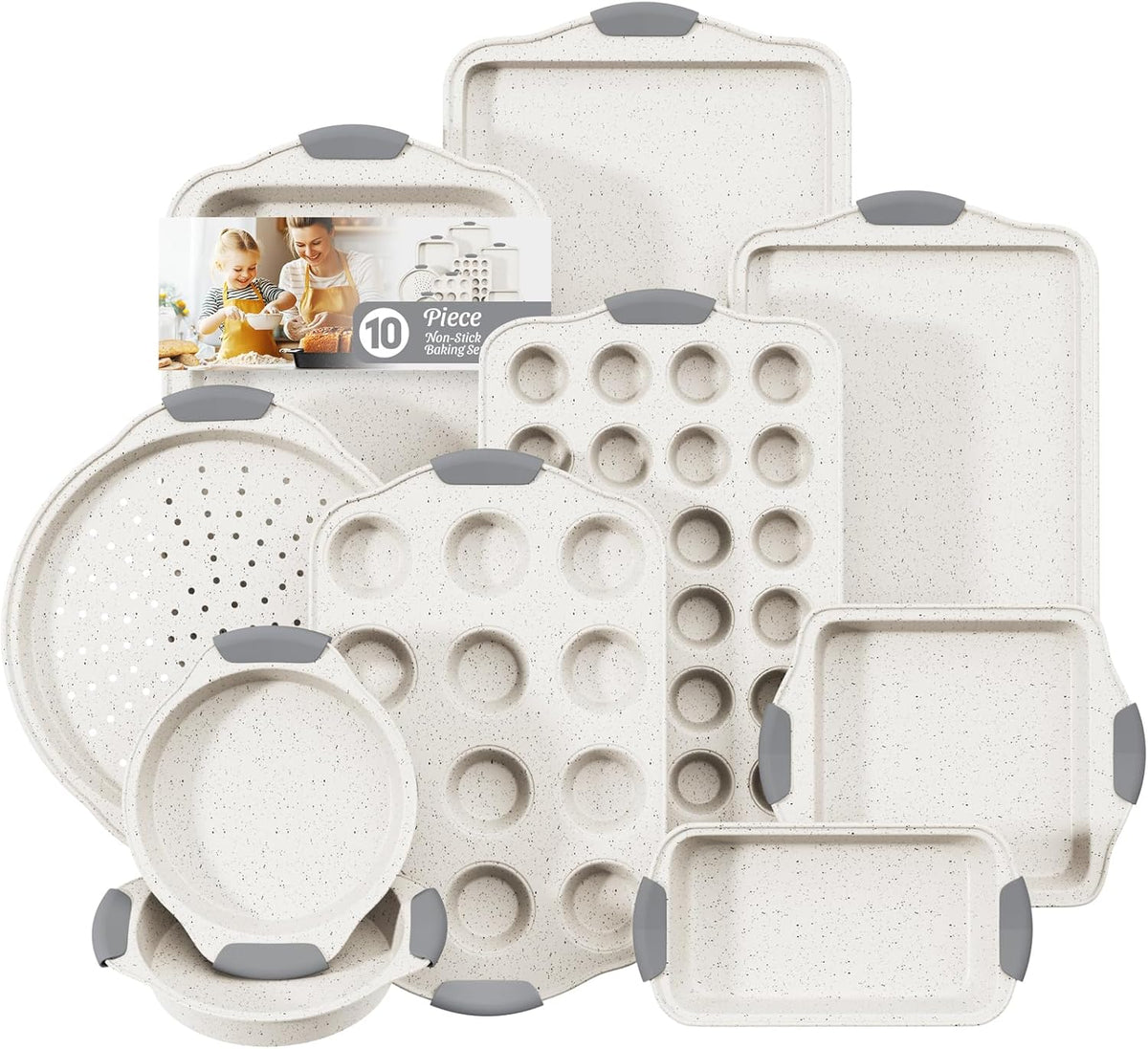 10-Piece Nonstick Baking Pans Set, Stackable Non Toxic Bakeware Sets with Cookie Sheets, Cake Pan, Loaf Pan, Pizza Pan, Muffin Pan, White&Gray