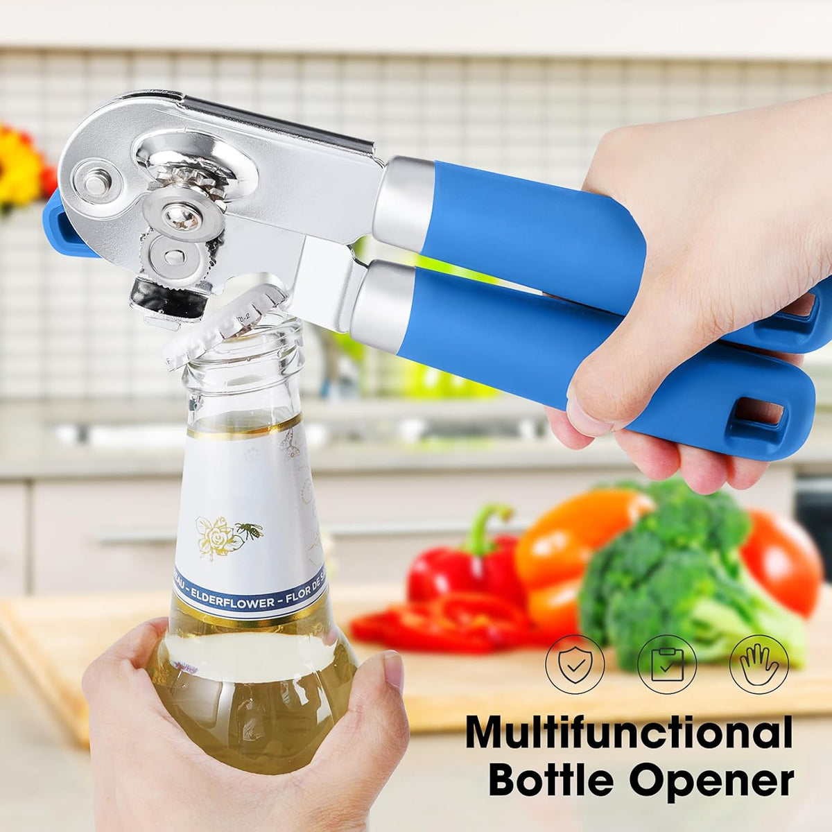 Beneno Can Opener Manual with Magnet, Hand Held Heavy Duty Can Opener with Durable Sharp Blade Smooth Edge, Big Effort-Saving Knob, Soft Grip Rubber Handle, Multifunctional Bottle Opener, Klein Blue