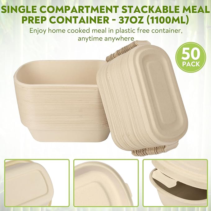 37 Oz Bamboo Disposable Food Containers, 50 Pack - Heavy Duty, Microwavable, Oven Safe - Perfect For Meal Prep, Salads, Lunch, To Go Food - Biodegradable (Brown)