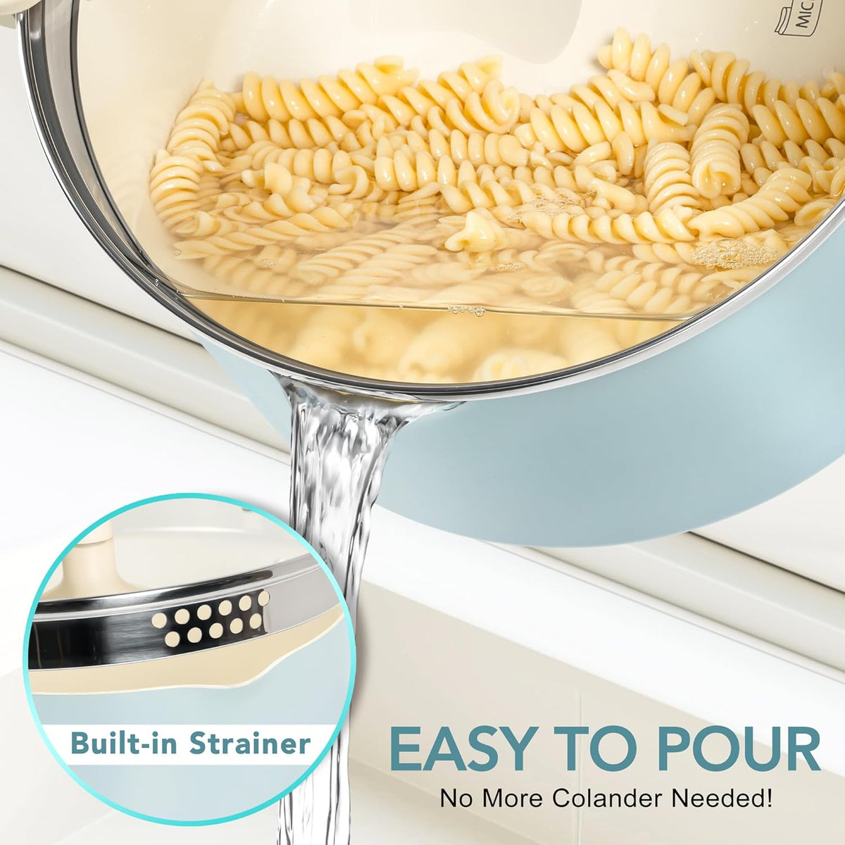 MICHELANGELO Pasta Pot with Strainer Lid - 6 Quart Cooking Pot with Lid, Non Stick Spaghetti Pot Ceramic Coated with Twist and Lock Handles for Easy Draining, Induction Compatible, Soft Aqua