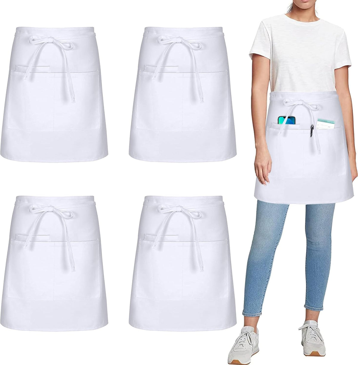 4 Pack Short Server Waitress Chef Apron, White Waist Aprons with 3 Pockets for Women Men, Half Apron for Waiter Cooking Dishwashing Cleaning Painting Gardening Barbecue (Polycotton - White)