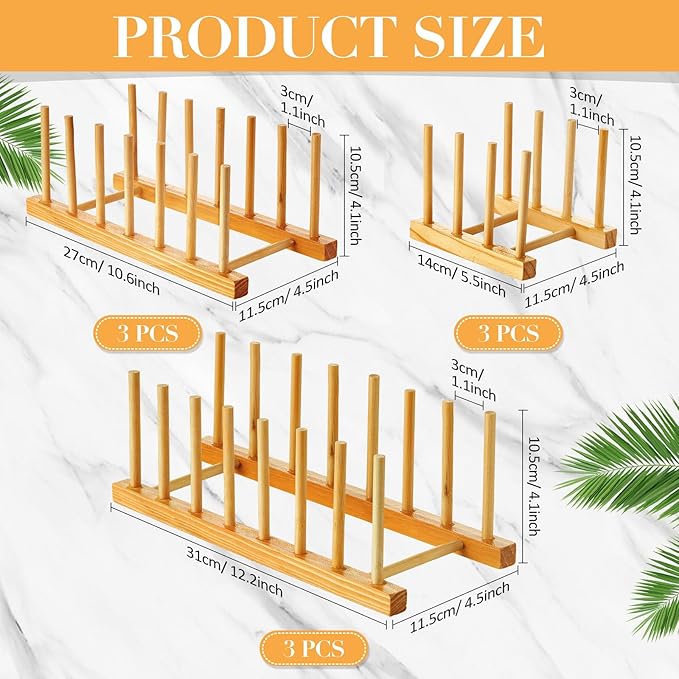 Zopeal 9 Pcs Bamboo Wooden Plate Racks Dish Rack Stand Holder 3/6/ 7 Slots Drainboard Drying Drainer Kitchen Cabinet Organizer for Dish Plate Bowl Cup Pot Lid Book