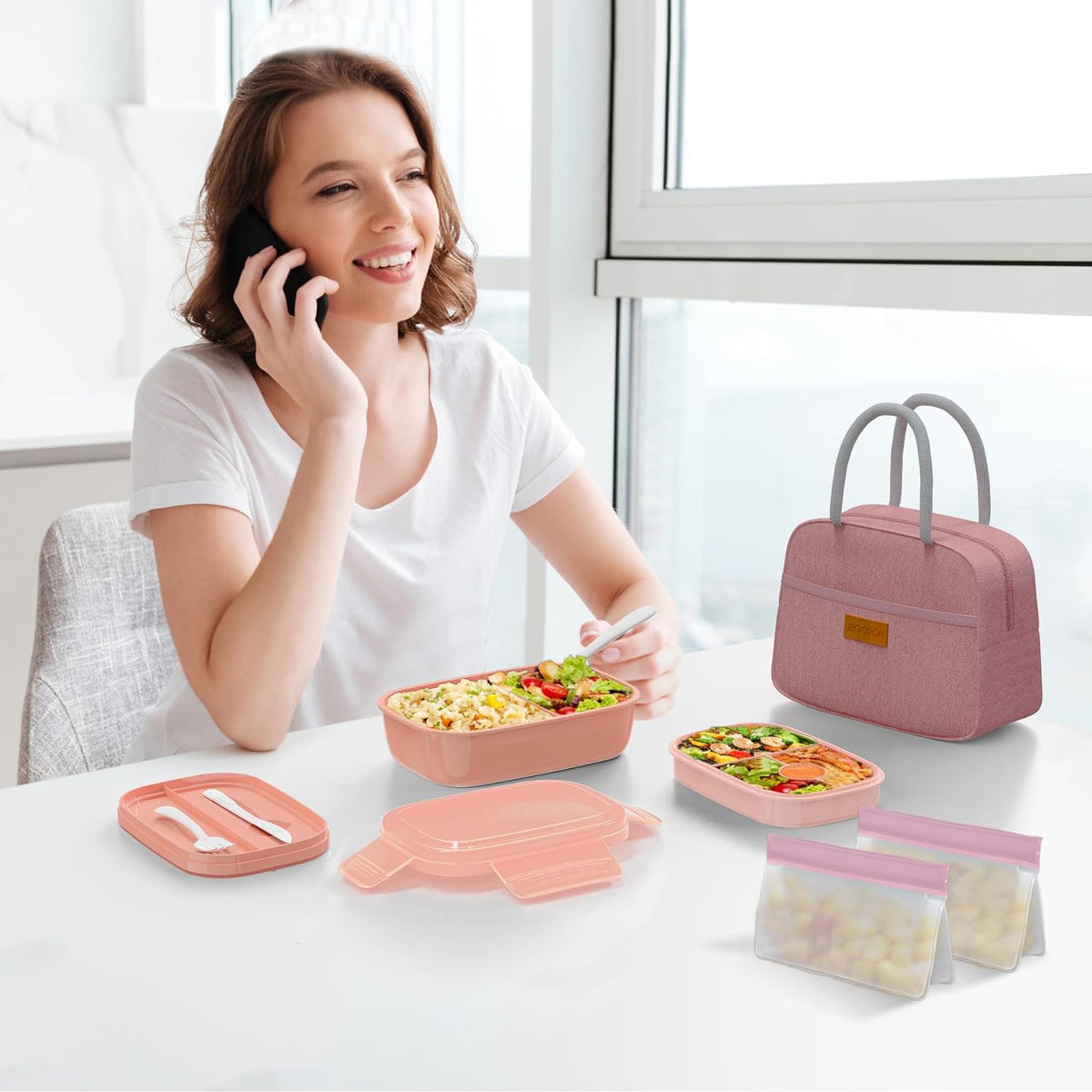 JBGOYON® Bento Lunch Box Set - 3 Stackable Containers for Adults and Kids，lunch box for women- Includes Lunch Bag, Leak-Proof and BPA-Free - Built-in Utensil Set - Dishwasher Safe (Pink)