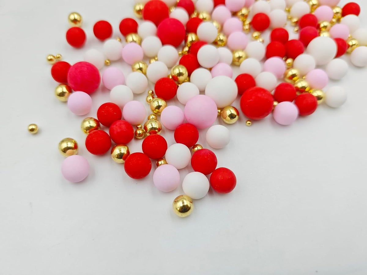 Mixed Edible Pearl Sugar Sprinkles, 4.6 oz Candy Pearls Ideal for Baking, Cake and Cupcake Toppers, Cookie Decoration, Ice Cream Topping (Red&Pink&White&Gold)