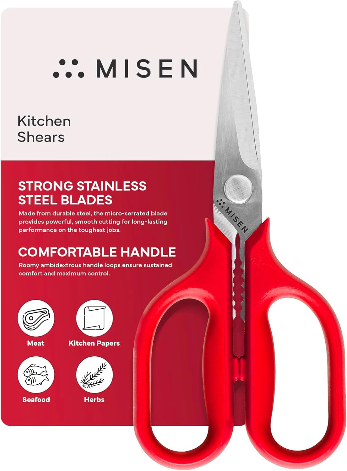 Misen Heavy Duty Kitchen Shears - Comfortable Ambidextrous Scissors for Meat, Poultry, Herbs & More - Easy to Clean - German Stainless Steel - Small | Red