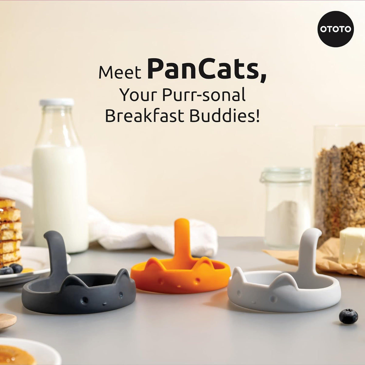 OTOTO PanCats Egg Ring Set of 3 - Silicone Egg Rings for Frying Eggs, Non Stick Fried Egg Cooker Ring, Cat Gifts for Cat Lovers, Cute Funny Kitchen Accessories Gadgets (Multicolor)