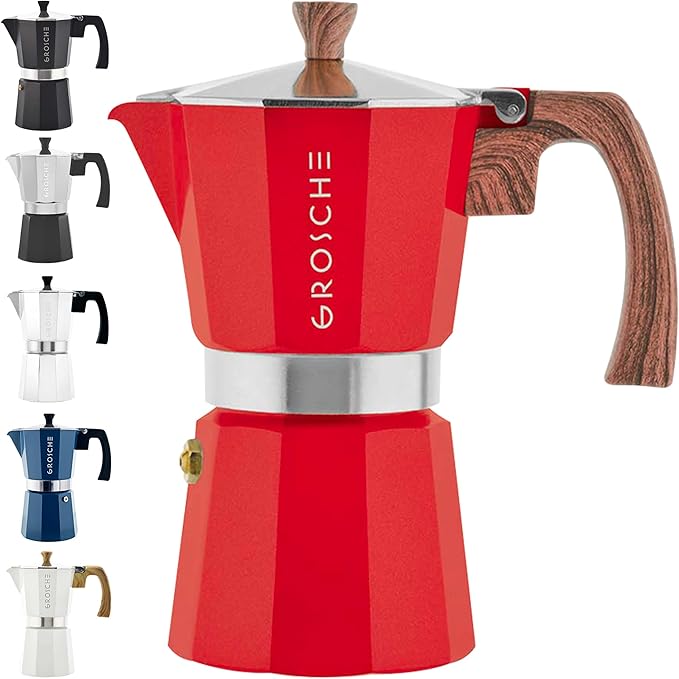 GROSCHE Milano Stovetop Espresso Maker Moka Pot 9 espresso Cup, 15.2 oz, Red - Cuban Coffee Maker Stove top coffee maker Moka Italian espresso greca coffee maker brewer percolator