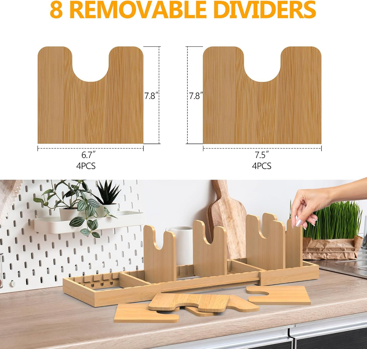 Expandable Pot Lid Organizer with 8 Removable Dividers, Bamboo Pot and Pan Organizer for Kitchen Counter or Cabinet