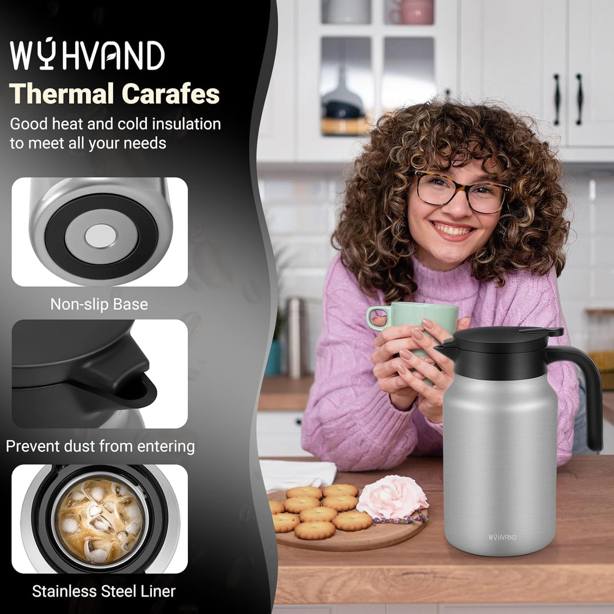 51Oz Thermal Coffee Carafes For Keeping Hot/Cold, Stainless Steel Coffee Carafe, Dustproof Insulated Water Carafe for Party/Home,Silver