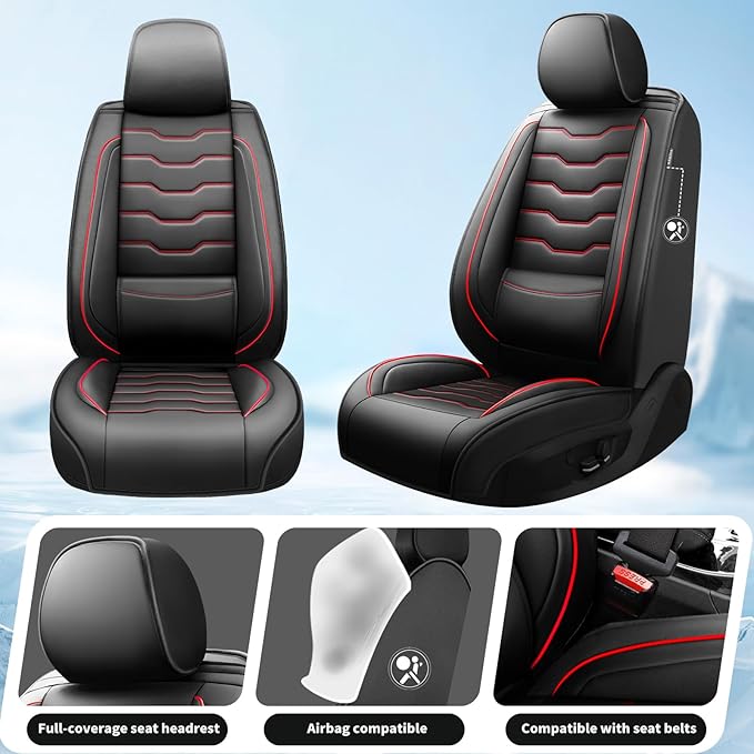 Fit Juke Car Seat Covers Compatible with Nissan Juke 2012-2015 2016 - Full Set Premium Leather， Waterproof Breathable， All-Weather Seat Cushion Protecto&Airbag Compatible（Red Line Black