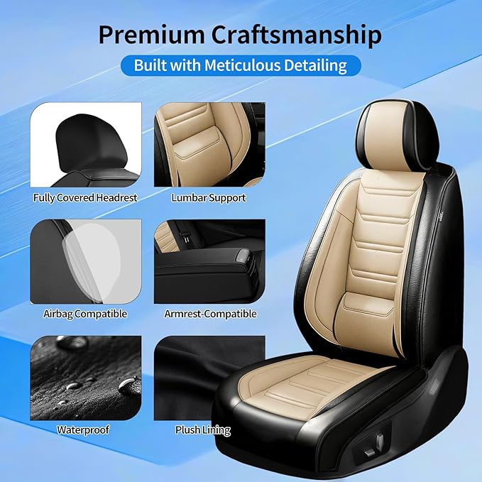 Fit Ridgeline Car Seat Covers for Select Honda Ridgeline 2007-2026 - Premium Full Coverage Leather, Airbag Compatible, Waterproof & All Weather Seat Cushion Protector, Full Set, Black+Beige