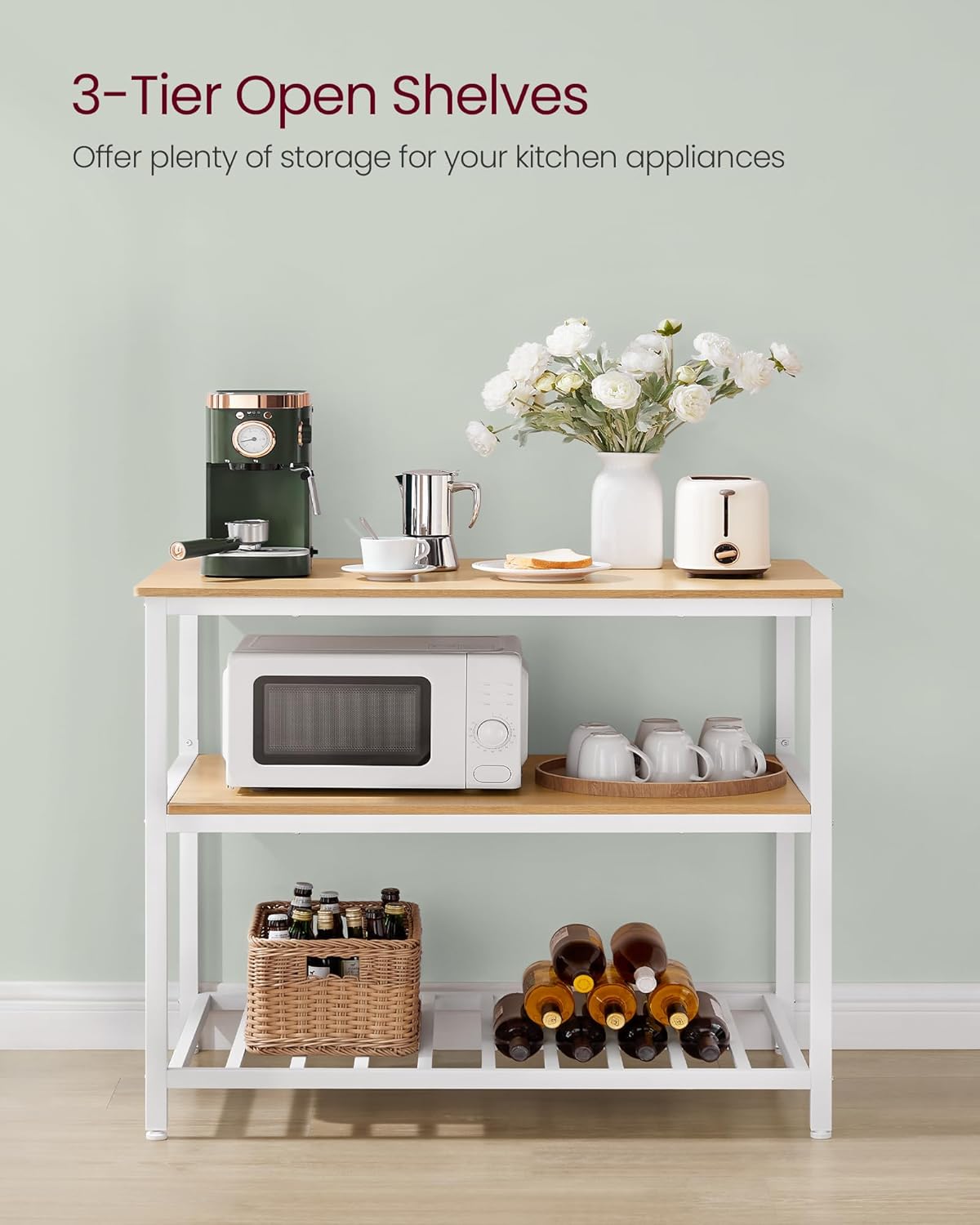 VASAGLE Kitchen Island with 3 Shelves, 39.4 Inches Width Kitchen Shelf with Large Worktop, Stable Steel Structure, Industrial, Easy to Assemble, Oak Color and White UKKI005W09
