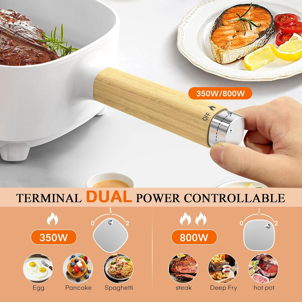 Audecook Hot Pot Electric 2L, Cermic Glaze Non-Stick Frying Pan 8 Inch, Portable Travel Cooker for Ramen/Steak/Fried Rice/Oatmeal/Soup, with Dual Power Control (Silicone Spatula Included)