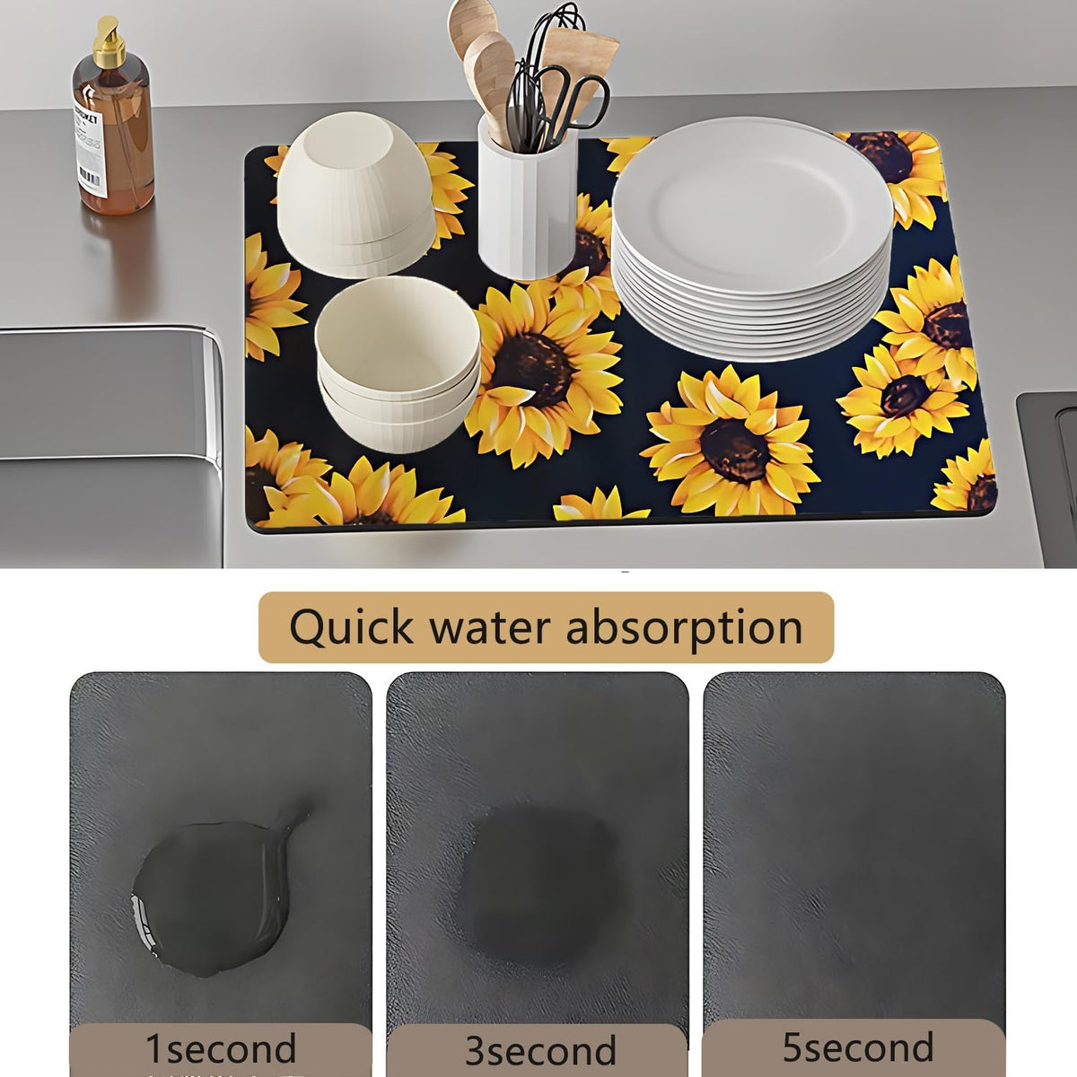 Dish Drying Mat Foldable Fall Kitchen Drying Mat Absorbent Sink Mat Multi-Purpose Coffee Pad Easy To Clean,Kitchen Gadgets,sunflower decor(sunflower) (12inches*16inches)