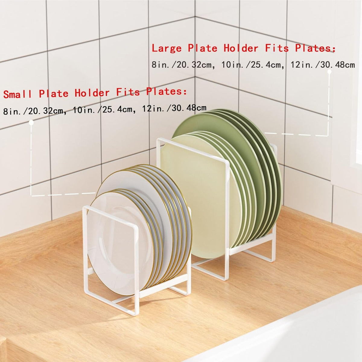 2 Large 1 Small Plate Organizers Holders Upright Cabinet Dish Drying Racks Metal Plate Dish Organizers Racks Stands for Countertop and Cupboard White