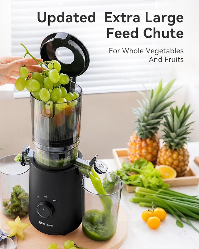 MOKKOM Cold Press Juicer, Updated Large Feed Chute Juice Extractor Machine, High Juice Yield, Slow Masticating Juicer Fit Whole Fruits Vegetables, Black