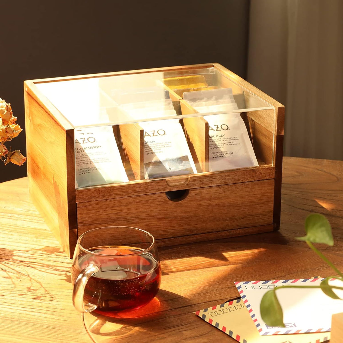 Large Tea Organizer 2 Tier with Drawer by HTB, Tea Bag Organizer with Acrylic Transparent Hinged Lid, 9 Compartments Wooden Tea Bag Holder for Home, Office, Tea Parties