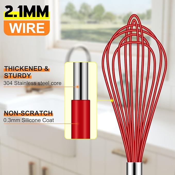HOTEC 4 Pieces Silicone Whisks Set, Wire Balloon Whisks Egg Beater, Non-slip Handle Whisk for Non-stick Cookware Perfect for Cooking, Stirring, Beating and Blending (Red)