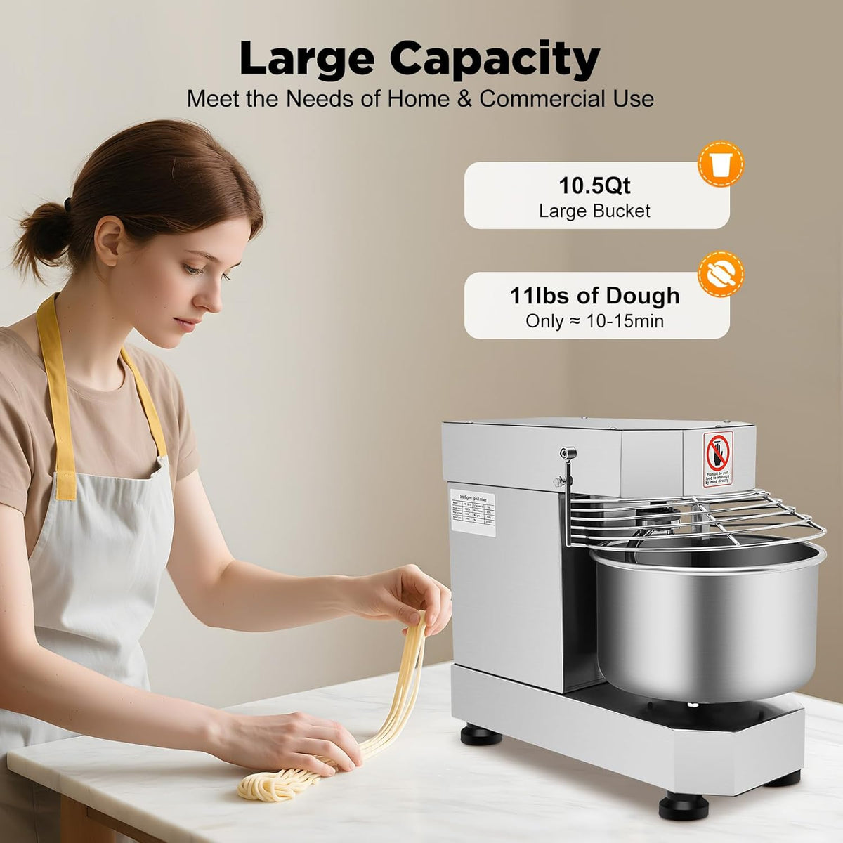 Commercial Dough Mixer Electric, 10.6Qt 750W 201 Stainless Steel Large Dough Maker Machine, Heavy Duty Flour Mixing Machine, Bread Mixer for Restaurant School Bakery